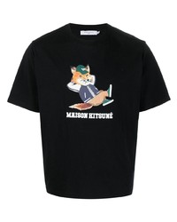 schwarzes bedrucktes T-Shirt mit einem Rundhalsausschnitt von MAISON KITSUNÉ