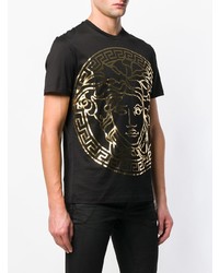 schwarzes bedrucktes T-Shirt mit einem Rundhalsausschnitt von Versace