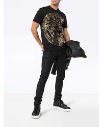 schwarzes bedrucktes T-Shirt mit einem Rundhalsausschnitt von Versace