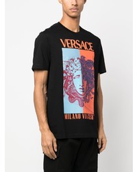 schwarzes bedrucktes T-Shirt mit einem Rundhalsausschnitt von Versace