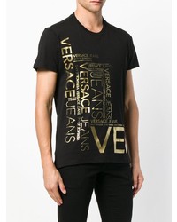 schwarzes bedrucktes T-Shirt mit einem Rundhalsausschnitt von Versace Jeans