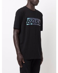 schwarzes bedrucktes T-Shirt mit einem Rundhalsausschnitt von BOSS