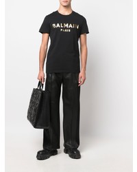 schwarzes bedrucktes T-Shirt mit einem Rundhalsausschnitt von Balmain