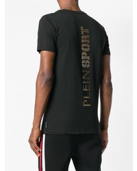 schwarzes bedrucktes T-Shirt mit einem Rundhalsausschnitt von Plein Sport