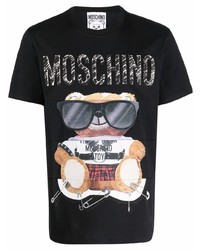 schwarzes bedrucktes T-Shirt mit einem Rundhalsausschnitt von Moschino