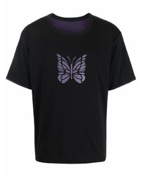 schwarzes bedrucktes T-Shirt mit einem Rundhalsausschnitt von Needles