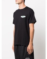 schwarzes bedrucktes T-Shirt mit einem Rundhalsausschnitt von Stussy