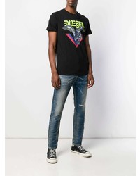 schwarzes bedrucktes T-Shirt mit einem Rundhalsausschnitt von Diesel