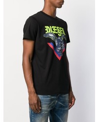 schwarzes bedrucktes T-Shirt mit einem Rundhalsausschnitt von Diesel