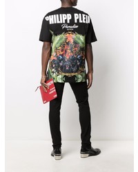 schwarzes bedrucktes T-Shirt mit einem Rundhalsausschnitt von Philipp Plein