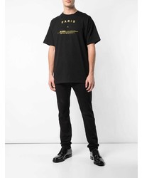 schwarzes bedrucktes T-Shirt mit einem Rundhalsausschnitt von Raf Simons