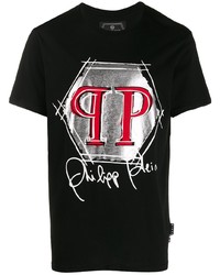 schwarzes bedrucktes T-Shirt mit einem Rundhalsausschnitt von Philipp Plein