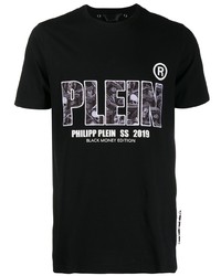 schwarzes bedrucktes T-Shirt mit einem Rundhalsausschnitt von Philipp Plein