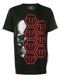 schwarzes bedrucktes T-Shirt mit einem Rundhalsausschnitt von Philipp Plein