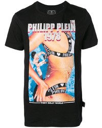 schwarzes bedrucktes T-Shirt mit einem Rundhalsausschnitt von Philipp Plein