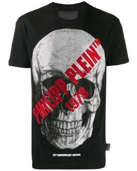 schwarzes bedrucktes T-Shirt mit einem Rundhalsausschnitt von Philipp Plein