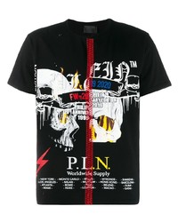 schwarzes bedrucktes T-Shirt mit einem Rundhalsausschnitt von Philipp Plein