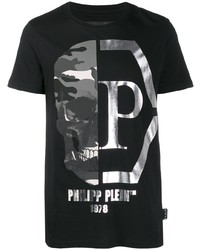 schwarzes bedrucktes T-Shirt mit einem Rundhalsausschnitt von Philipp Plein