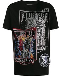 schwarzes bedrucktes T-Shirt mit einem Rundhalsausschnitt von Philipp Plein