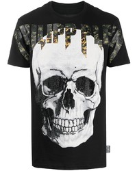 schwarzes bedrucktes T-Shirt mit einem Rundhalsausschnitt von Philipp Plein