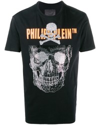 schwarzes bedrucktes T-Shirt mit einem Rundhalsausschnitt von Philipp Plein