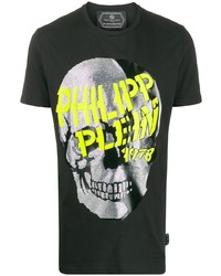 schwarzes bedrucktes T-Shirt mit einem Rundhalsausschnitt von Philipp Plein