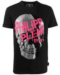 schwarzes bedrucktes T-Shirt mit einem Rundhalsausschnitt von Philipp Plein