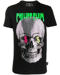 schwarzes bedrucktes T-Shirt mit einem Rundhalsausschnitt von Philipp Plein