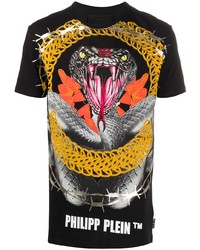 schwarzes bedrucktes T-Shirt mit einem Rundhalsausschnitt von Philipp Plein