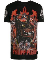 schwarzes bedrucktes T-Shirt mit einem Rundhalsausschnitt von Philipp Plein