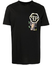 schwarzes bedrucktes T-Shirt mit einem Rundhalsausschnitt von Philipp Plein