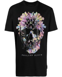 schwarzes bedrucktes T-Shirt mit einem Rundhalsausschnitt von Philipp Plein