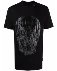 schwarzes bedrucktes T-Shirt mit einem Rundhalsausschnitt von Philipp Plein