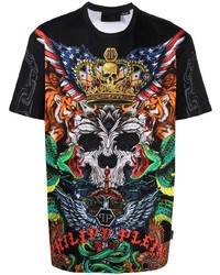 schwarzes bedrucktes T-Shirt mit einem Rundhalsausschnitt von Philipp Plein