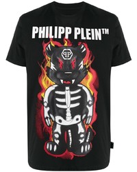 schwarzes bedrucktes T-Shirt mit einem Rundhalsausschnitt von Philipp Plein