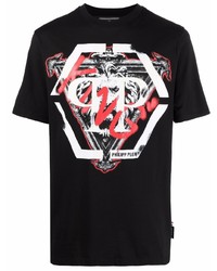 schwarzes bedrucktes T-Shirt mit einem Rundhalsausschnitt von Philipp Plein