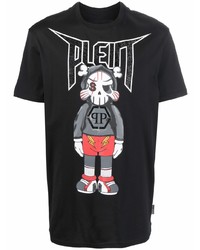 schwarzes bedrucktes T-Shirt mit einem Rundhalsausschnitt von Philipp Plein