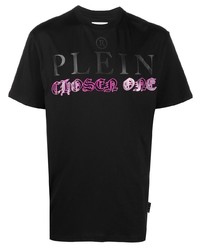 schwarzes bedrucktes T-Shirt mit einem Rundhalsausschnitt von Philipp Plein