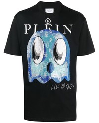 schwarzes bedrucktes T-Shirt mit einem Rundhalsausschnitt von Philipp Plein