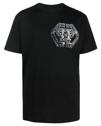 schwarzes bedrucktes T-Shirt mit einem Rundhalsausschnitt von Philipp Plein