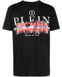 schwarzes bedrucktes T-Shirt mit einem Rundhalsausschnitt von Philipp Plein