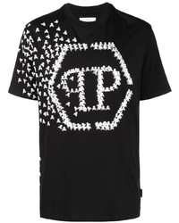 schwarzes bedrucktes T-Shirt mit einem Rundhalsausschnitt von Philipp Plein