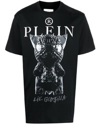 schwarzes bedrucktes T-Shirt mit einem Rundhalsausschnitt von Philipp Plein