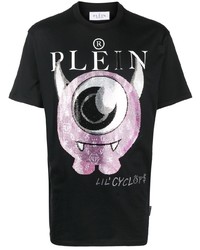 schwarzes bedrucktes T-Shirt mit einem Rundhalsausschnitt von Philipp Plein