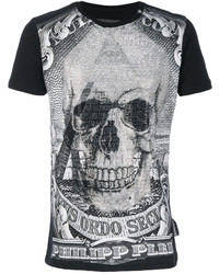 schwarzes bedrucktes T-Shirt mit einem Rundhalsausschnitt von Philipp Plein