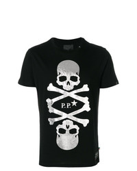 schwarzes bedrucktes T-Shirt mit einem Rundhalsausschnitt von Philipp Plein