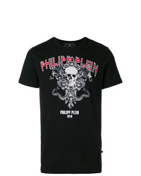 schwarzes bedrucktes T-Shirt mit einem Rundhalsausschnitt von Philipp Plein