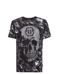 schwarzes bedrucktes T-Shirt mit einem Rundhalsausschnitt von Philipp Plein