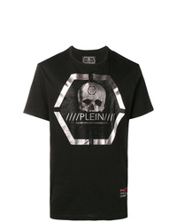 schwarzes bedrucktes T-Shirt mit einem Rundhalsausschnitt von Philipp Plein