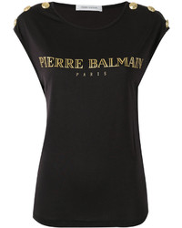 schwarzes bedrucktes T-Shirt mit einem Rundhalsausschnitt von PIERRE BALMAIN